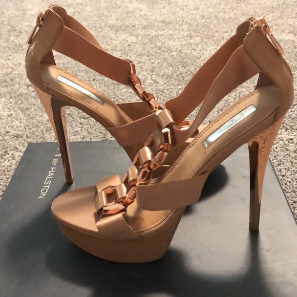 H By Halston Taupe Fabric Heels with Rose Gold - Picture 1 of 10